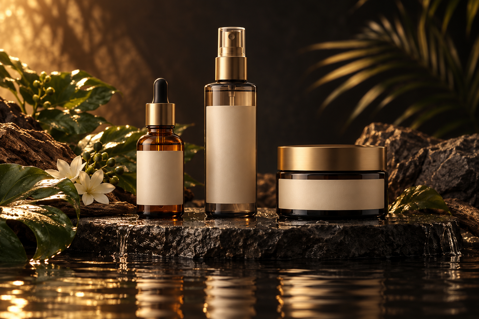 Concept image of an elixir dropper, a mist bottle, and a care jar with blank packaging